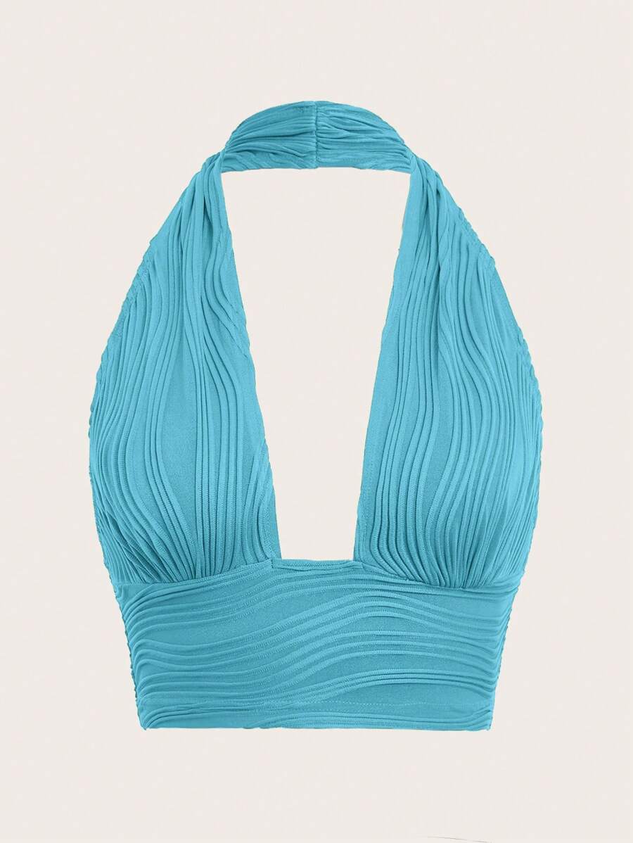 SHEIN ICON Cropped Halter Top Sólido Sem Costas na cor Azul Esverdeado, Top de Praia, Top Azul, Top Feminino | SHEIN Brasil