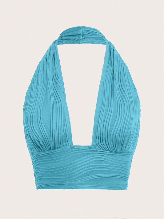 SHEIN ICON Cropped Halter Top Sólido Sem Costas na cor Azul Esverdeado, Top de Praia, Top Azul, Top Feminino | SHEIN Brasil