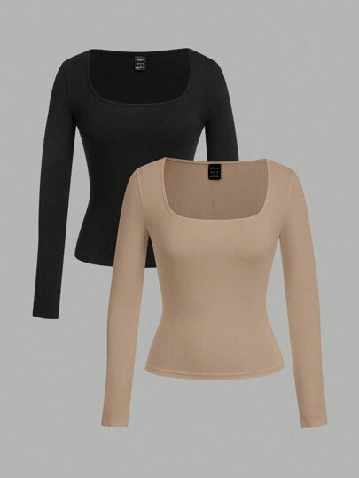 SHEIN EZwear 2 peças/Conjunto Camiseta Casual Feminina de Manga Longa, Decote Quadrado, Skinny, Cor Sólida, Adequada para Outono e Inverno | SHEIN Brasil