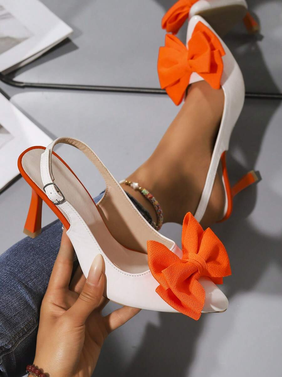 Novos Sapatos de Salto Gatinho de Bico Fino para Primavera/Verão, Sandálias com Tira Traseira sem Costas em Bloco de Cor Laranja com Laço, Saltos Altos Elegantes e Versáteis para Ir ao Trabalho, Festa, Férias, Elegantes, Saltos Stiletto | SHEIN Brasil