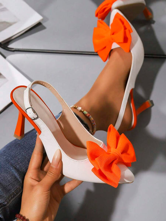 Novos Sapatos de Salto Gatinho de Bico Fino para Primavera/Verão, Sandálias com Tira Traseira sem Costas em Bloco de Cor Laranja com Laço, Saltos Altos Elegantes e Versáteis para Ir ao Trabalho, Festa, Férias, Elegantes, Saltos Stiletto | SHEIN Brasil