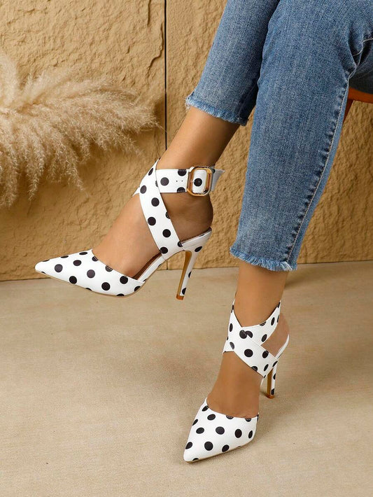 Sapatos de Salto Alto Femininos Bico Fino Salto Agulha Sem Parte Traseira Moda Champanhe/Preto/Branco Sexy Salto Alto com Tira no Tornozelo, Sapatos Femininos, Poá | SHEIN Brasil