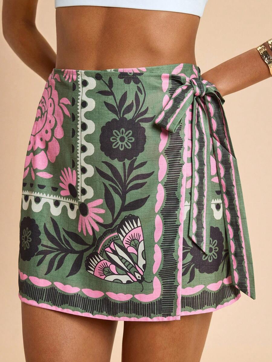 Travachic Saia Envelope Estampada com Floral Tecida, Estilo de Férias, Estampa Gráfica Tecida, Férias de Verão Casuais para Mulheres, Férias na Praia Boêmia, Boho Chic, Festivais de Férias, Praia para Mulheres, Verão para Mulheres | SHEIN Brasil