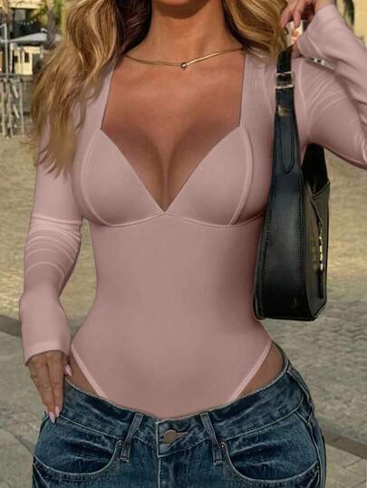 EMERY ROSE Bodysuit feminino de manga longa com Decote e cor sólida, sexy | SHEIN Brasil