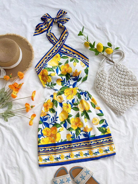 Soleia Novo Vestido Mini Vintage com Estampa de Limão, Decote Halter, Amarração na Frente, Recortes, Adequado para Natal, Encontro à Noite, Balada, Estilo Boêmio, Férias, Roupas Femininas de Outono | SHEIN Brasil