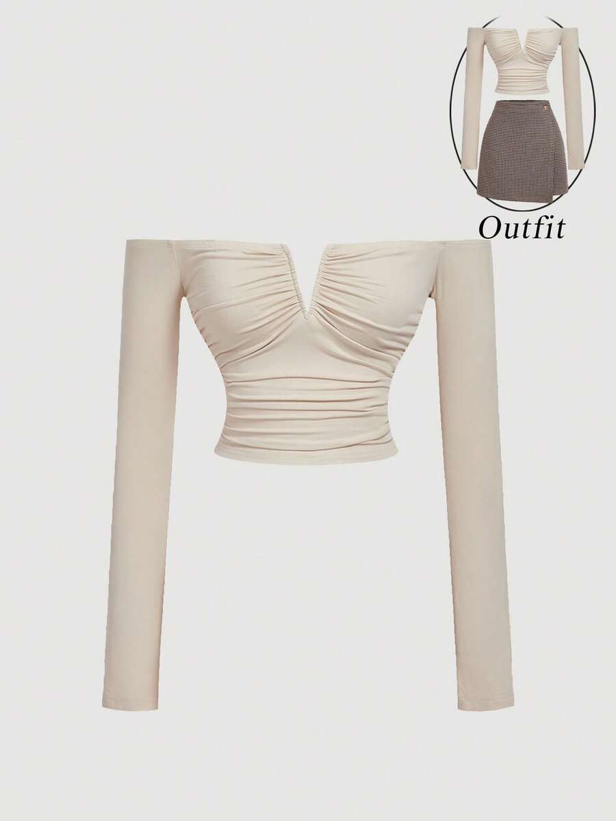 SHEIN MOD Camiseta Ombro a Ombro Cor de Damasco para Mulheres, Fantasia de Ação de Graças, Natal, Inverno, Ano Novo, Festa, Top Elegante | SHEIN Brasil