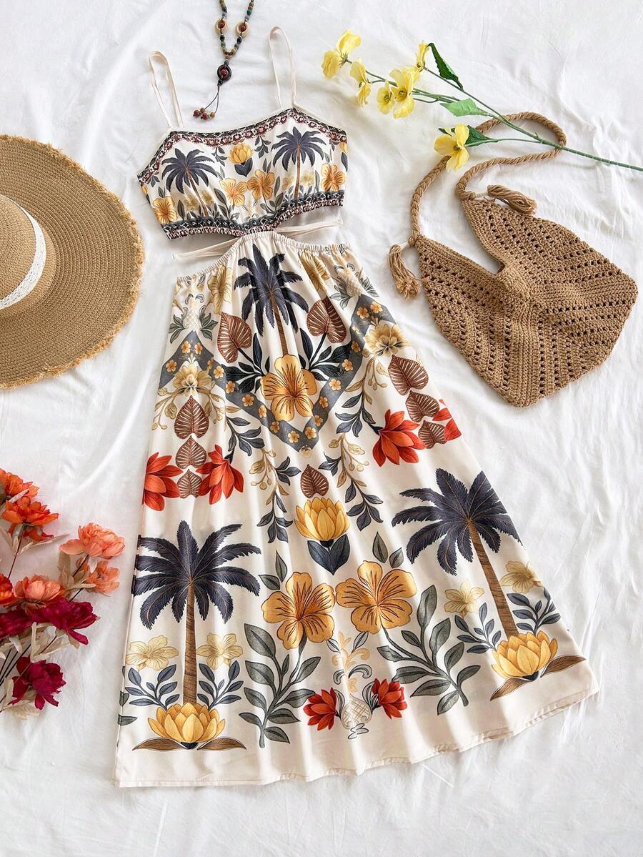 Soleia Vestido Midi Slip com Estampa Floral Tropical Verde, Recorte Vazado e Amarração na Cintura, para Férias | SHEIN Brasil