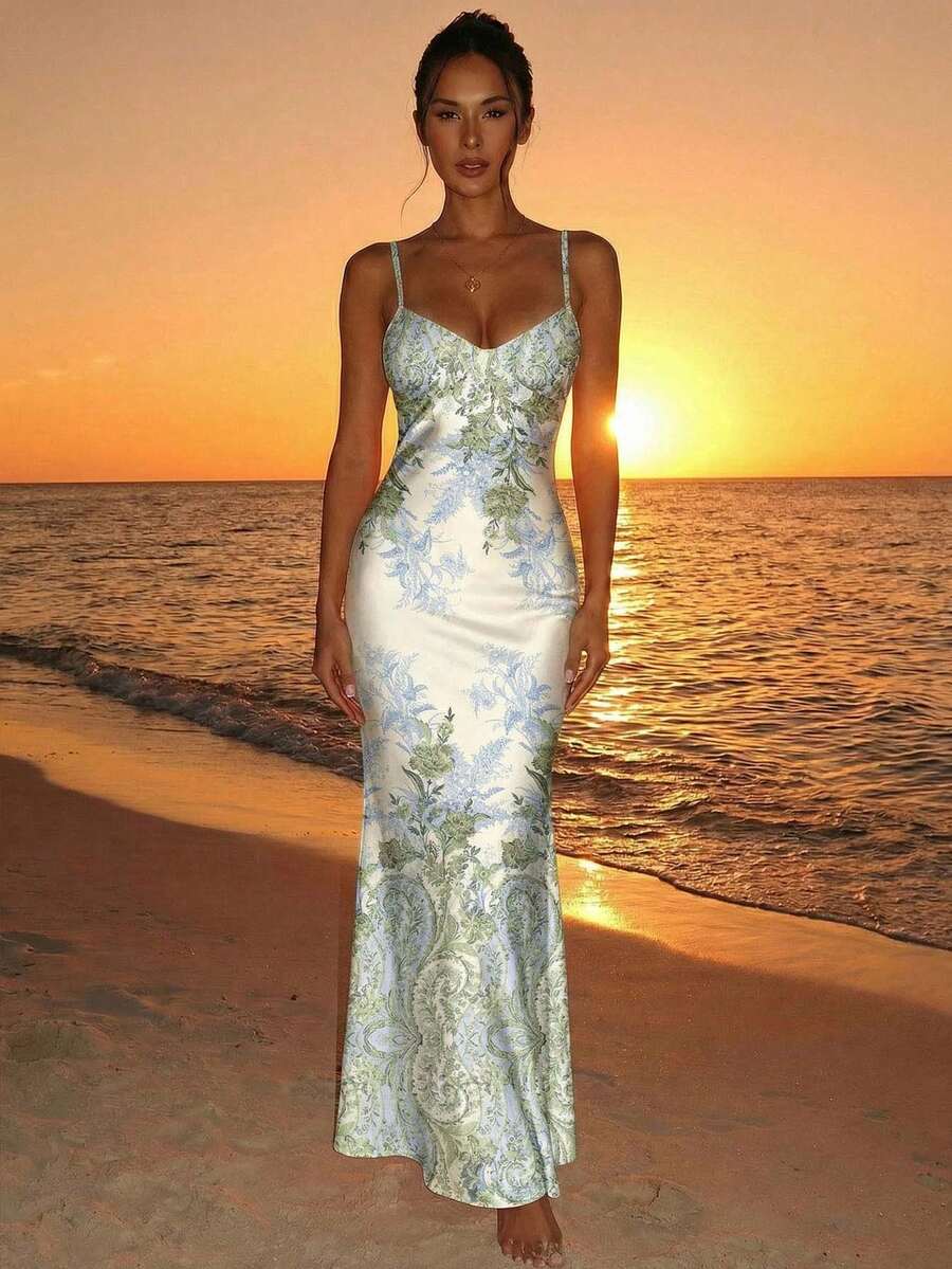 Aloruh Vestido Sexy Corpete Floral Elegante e Romântico com Estampa de Videira, Alças Finas, Adequado para Praia, Passeio, Chique, Primavera/Verão | SHEIN Brasil