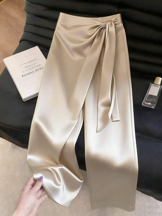 Franclia Calça Feminina de Verão Elegante de Cetim Perna Larga, Calça Assimétrica de Cintura Alta Cor Champanhe com Detalhe de Amarração, Estilo Sofisticado para Jantar de Inverno e Uso Diário | SHEIN Brasil