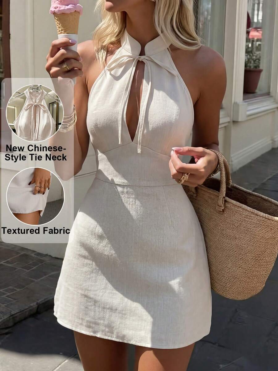 Pariaura Vestido Curto Feminino de Verão com Decote Halter, Amarração no Pescoço, Sem Mangas e Franzido, Adequado para Encontros, Reuniões, Festas e Uso Diário Elegante | SHEIN Brasil