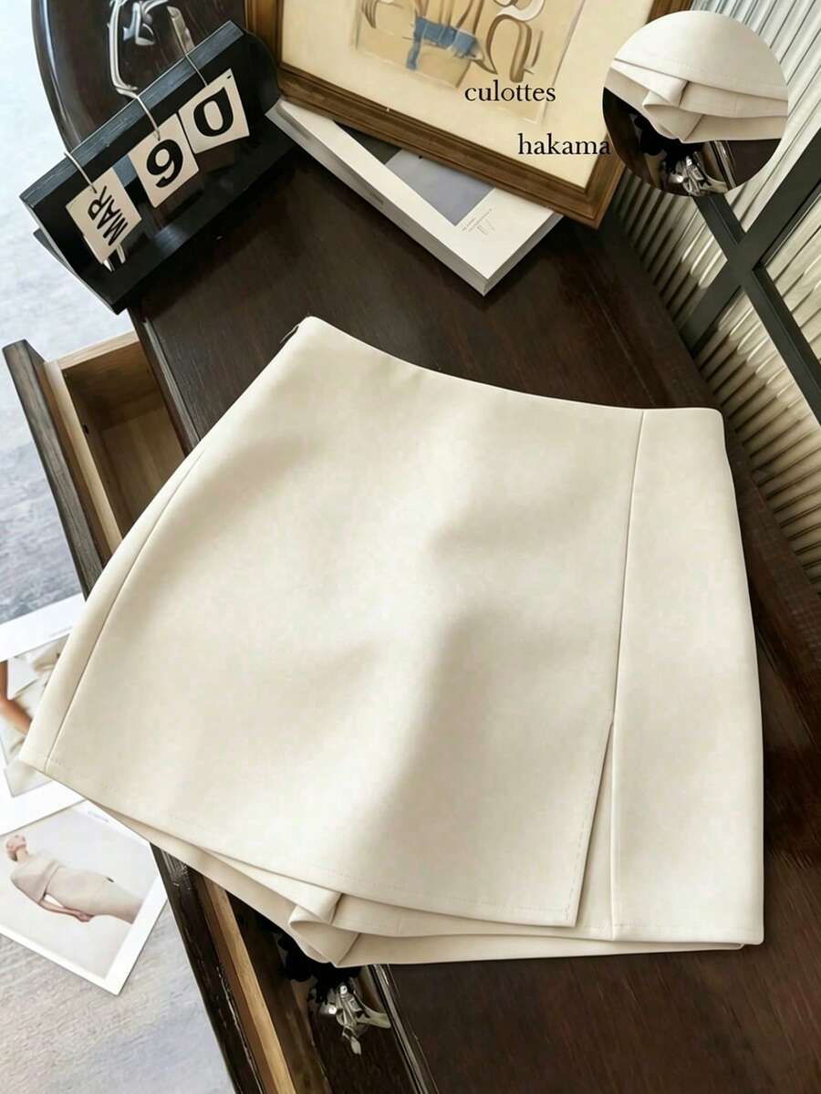 Franclia Shorts/Saia/Culottes/Hot Pants Femininos Versáteis de Tecido Macio Texturizado de Cintura Alta com Fenda, Moda Casual para Uso Diário, Primavera/Outono | SHEIN Brasil