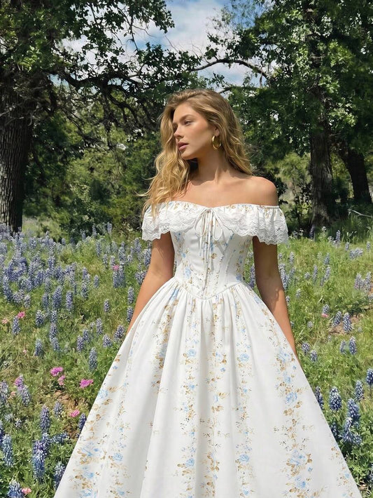 Skyraze Vestido Romântico Floral com Recorte de Renda e Ombros à Mostra para Mulheres | SHEIN Brasil
