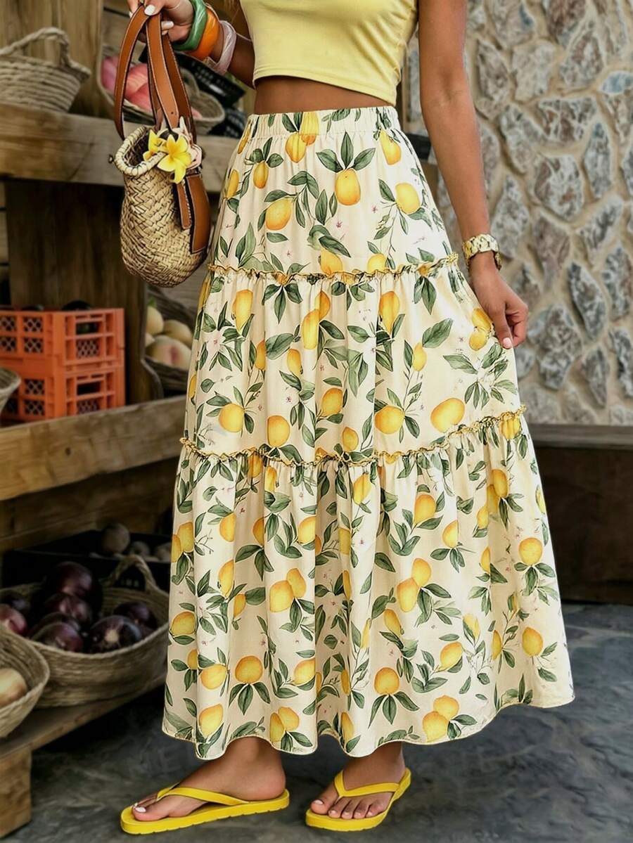 Vaclyn Saia Elástica de Cintura Alta Estampa de Limão Fresco, Modelo A-Line, Verão | SHEIN Brasil