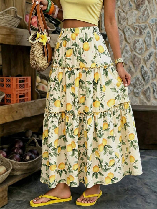 Vaclyn Saia Elástica de Cintura Alta Estampa de Limão Fresco, Modelo A-Line, Verão | SHEIN Brasil