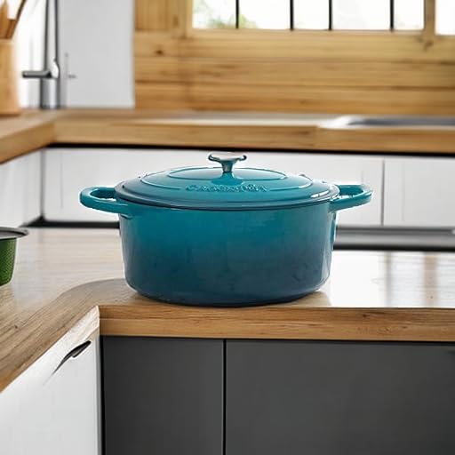 Crock-Pot Artisan Forno holandês redondo esmaltado de ferro fundido, 5 quartos, azul-petróleo ombré