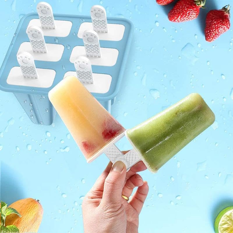 Forma de Picolé em Silicone, 6 Cavidades, com Palitos Reutilizáveis, Flexível, Fácil Desenforme, Molde para Sorvetes e Gelados Caseiros - Cores Variadas