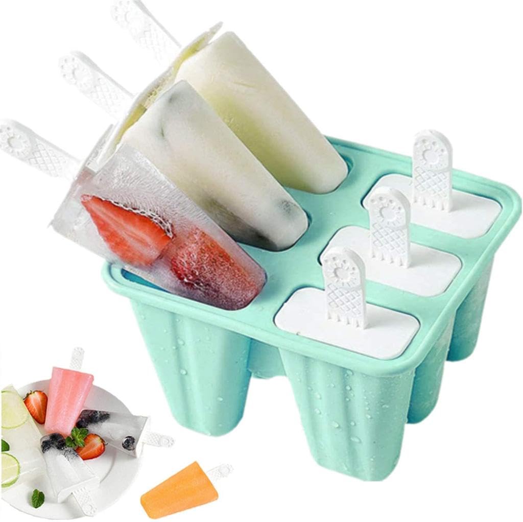 Forma de Picolé em Silicone, 6 Cavidades, com Palitos Reutilizáveis, Flexível, Fácil Desenforme, Molde para Sorvetes e Gelados Caseiros - Cores Variadas
