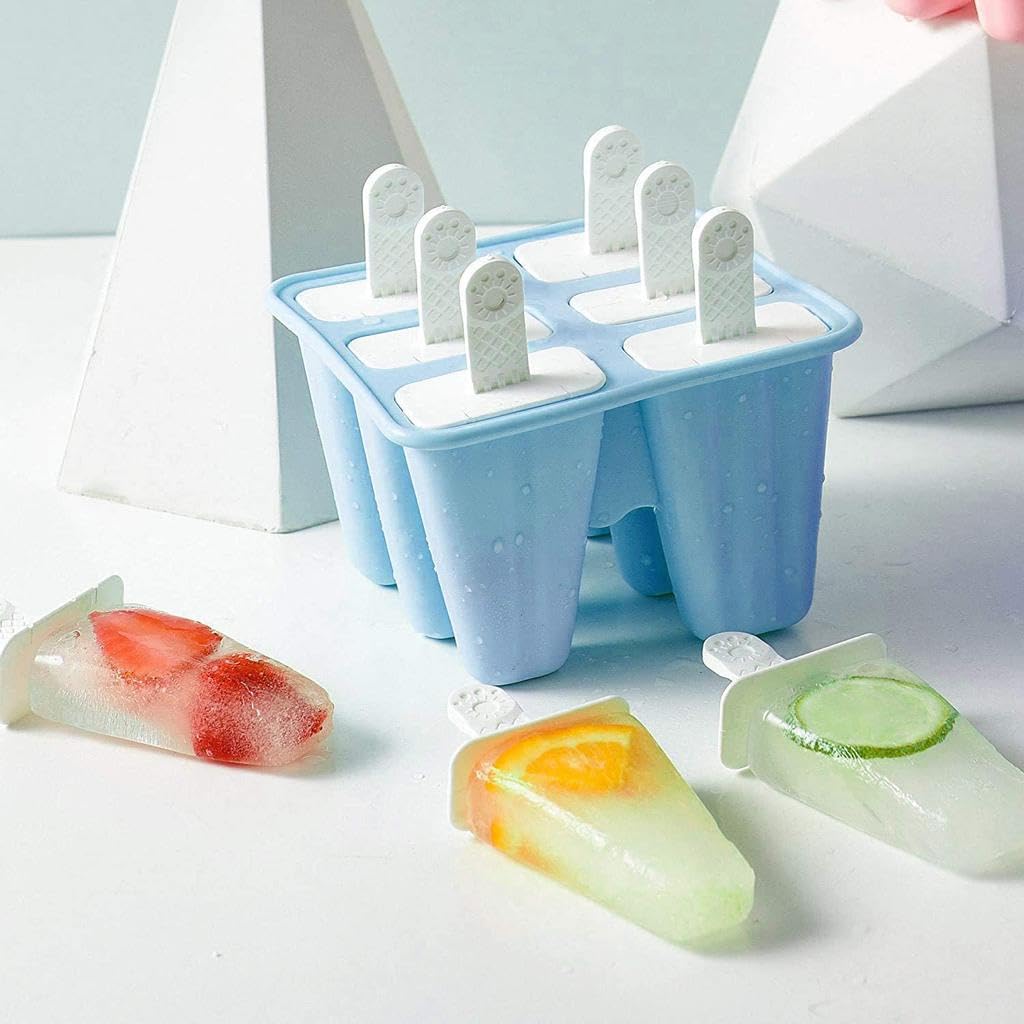 Forma de Picolé em Silicone, 6 Cavidades, com Palitos Reutilizáveis, Flexível, Fácil Desenforme, Molde para Sorvetes e Gelados Caseiros - Cores Variadas