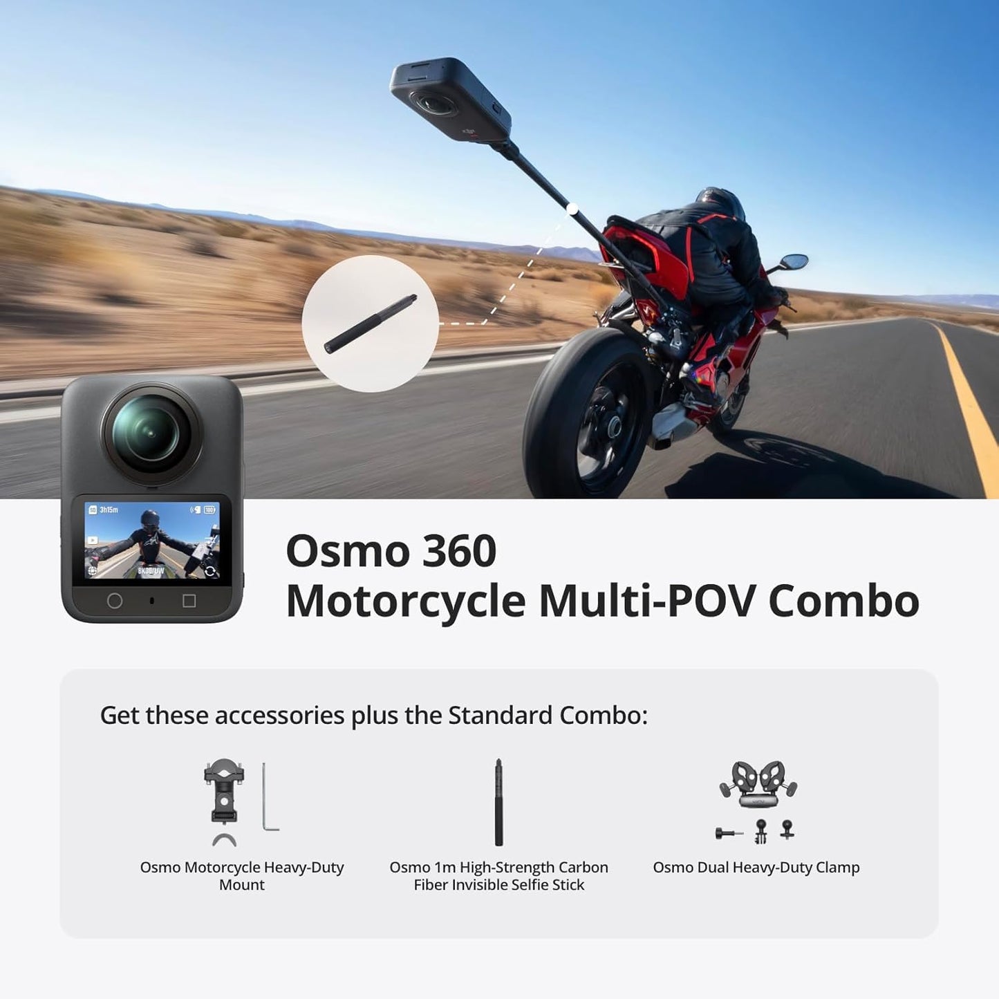 DJI Osmo 360 Combo Multi-POV para motocicleta