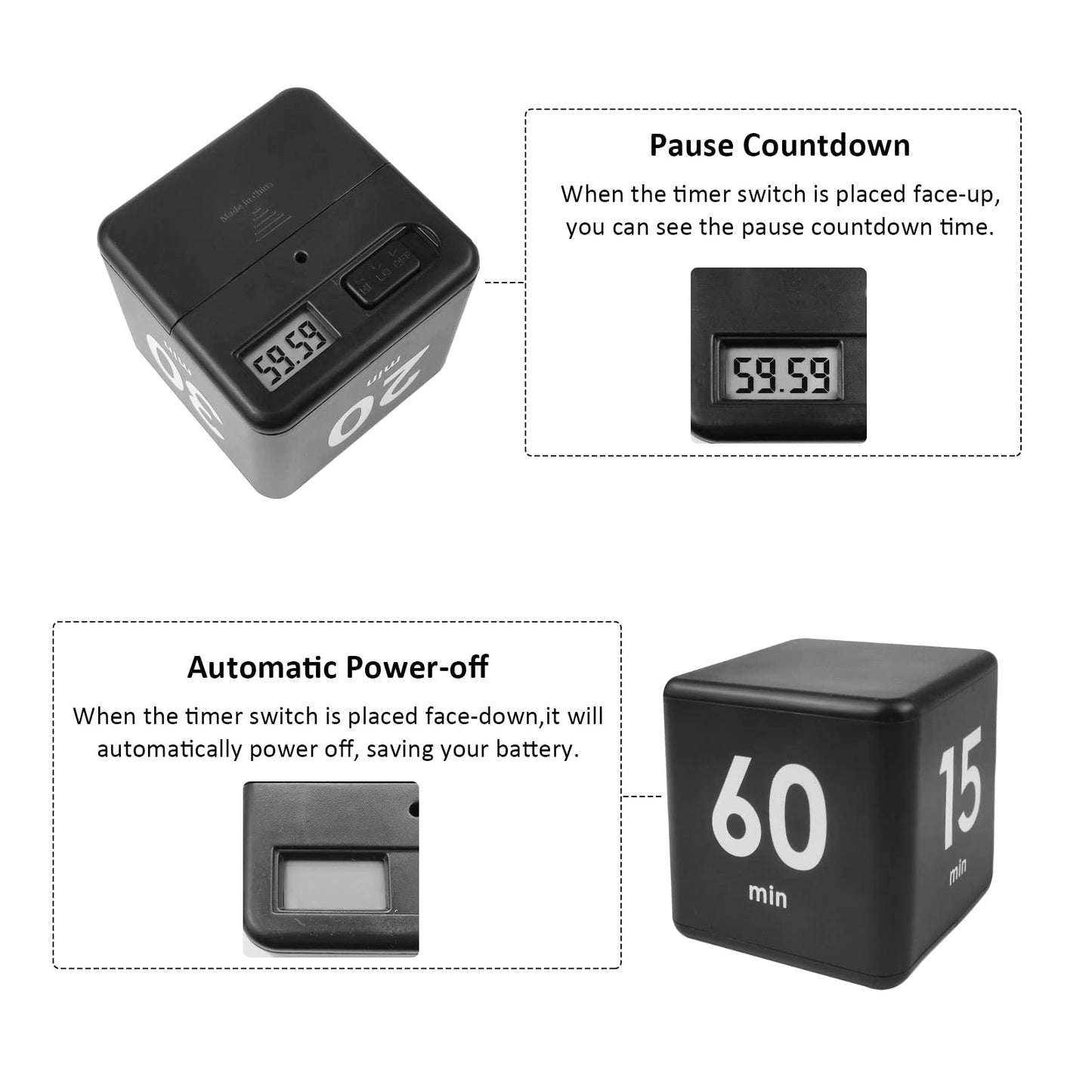 Feilifan Cubo Timer, Kid Focus Study Timer Kitchen Work Timer Time Block Cube Gravity Flip Time Block Cube 1-3-5-10 Minutos Gerenciamento de Tempo, Preto