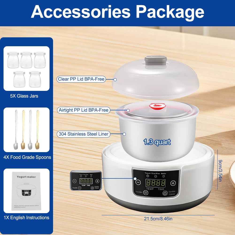 Máquina de iogurte probiótico, máquina de iogurte totalmente automática de 1,2 litro, máquina de iogurte com controle de temperatura e tempo, iogurte para iogurte grego caseiro, vegano