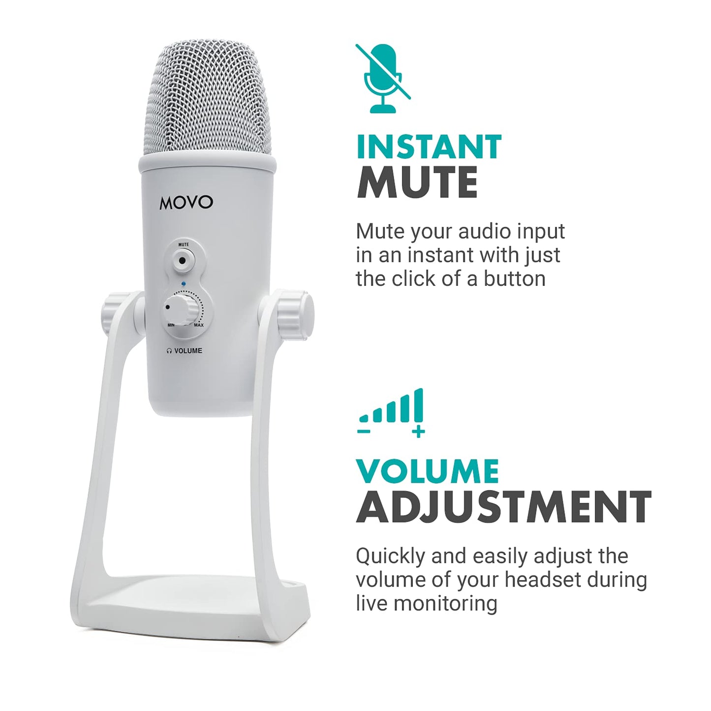 Microfone USB de mesa Movo UM700W branco para computador - Mic de estúdio com 4 padrões de captação - Microfone de jogo USB para PC, Mac e Android - Melhor microfone para gravação de podcast e configuração de streaming
