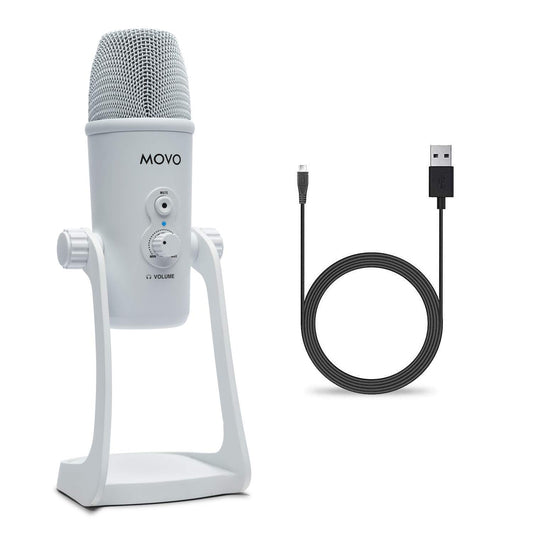 Microfone USB de mesa Movo UM700W branco para computador - Mic de estúdio com 4 padrões de captação - Microfone de jogo USB para PC, Mac e Android - Melhor microfone para gravação de podcast e configuração de streaming