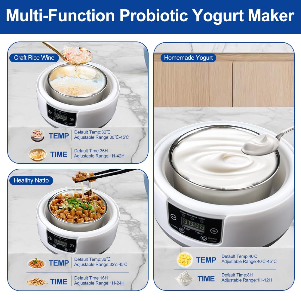 Máquina de iogurte probiótico, máquina de iogurte totalmente automática de 1,2 litro, máquina de iogurte com controle de temperatura e tempo, iogurte para iogurte grego caseiro, vegano