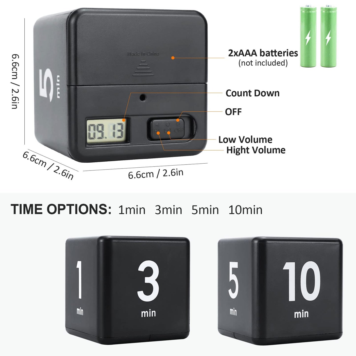 Feilifan Cubo Timer, Kid Focus Study Timer Kitchen Work Timer Time Block Cube Gravity Flip Time Block Cube 1-3-5-10 Minutos Gerenciamento de Tempo, Preto