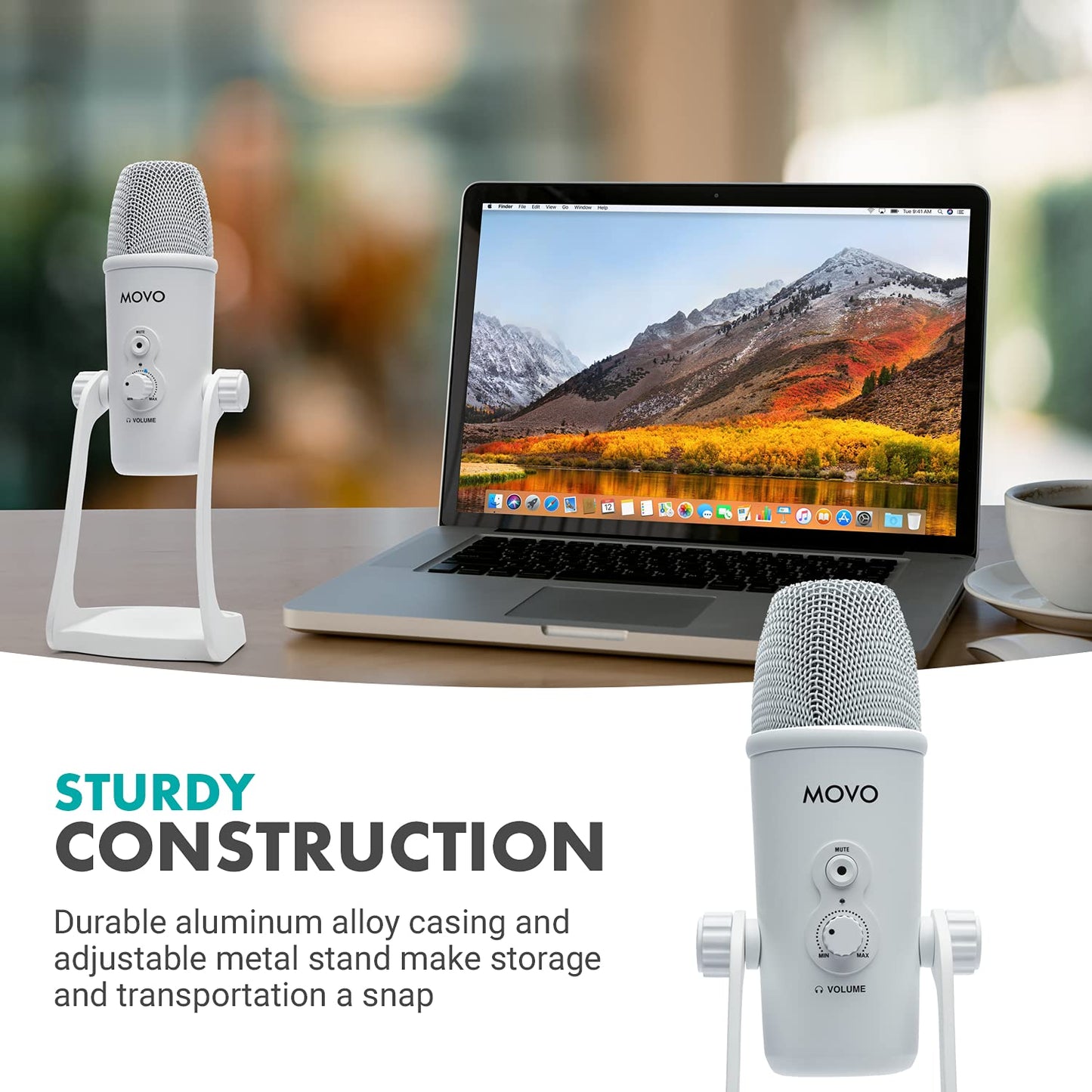 Microfone USB de mesa Movo UM700W branco para computador - Mic de estúdio com 4 padrões de captação - Microfone de jogo USB para PC, Mac e Android - Melhor microfone para gravação de podcast e configuração de streaming