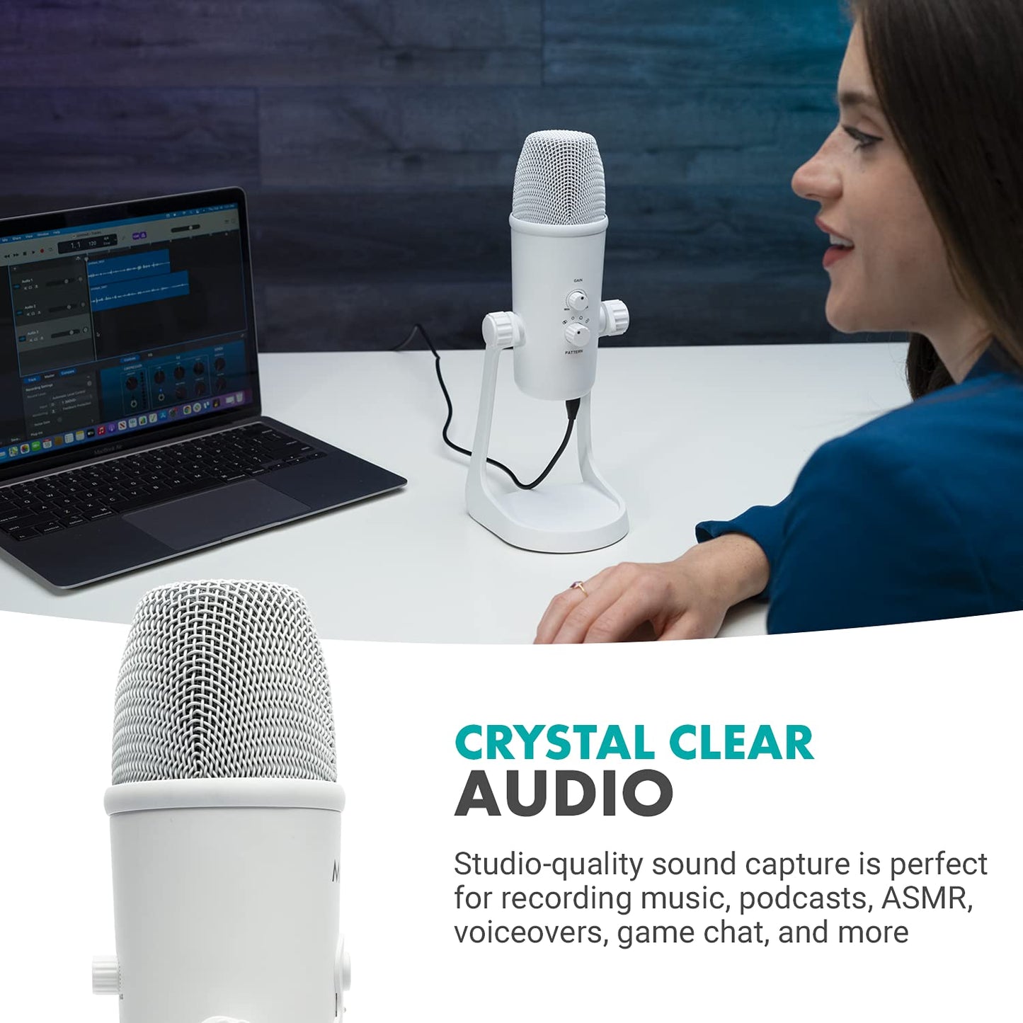Microfone USB de mesa Movo UM700W branco para computador - Mic de estúdio com 4 padrões de captação - Microfone de jogo USB para PC, Mac e Android - Melhor microfone para gravação de podcast e configuração de streaming