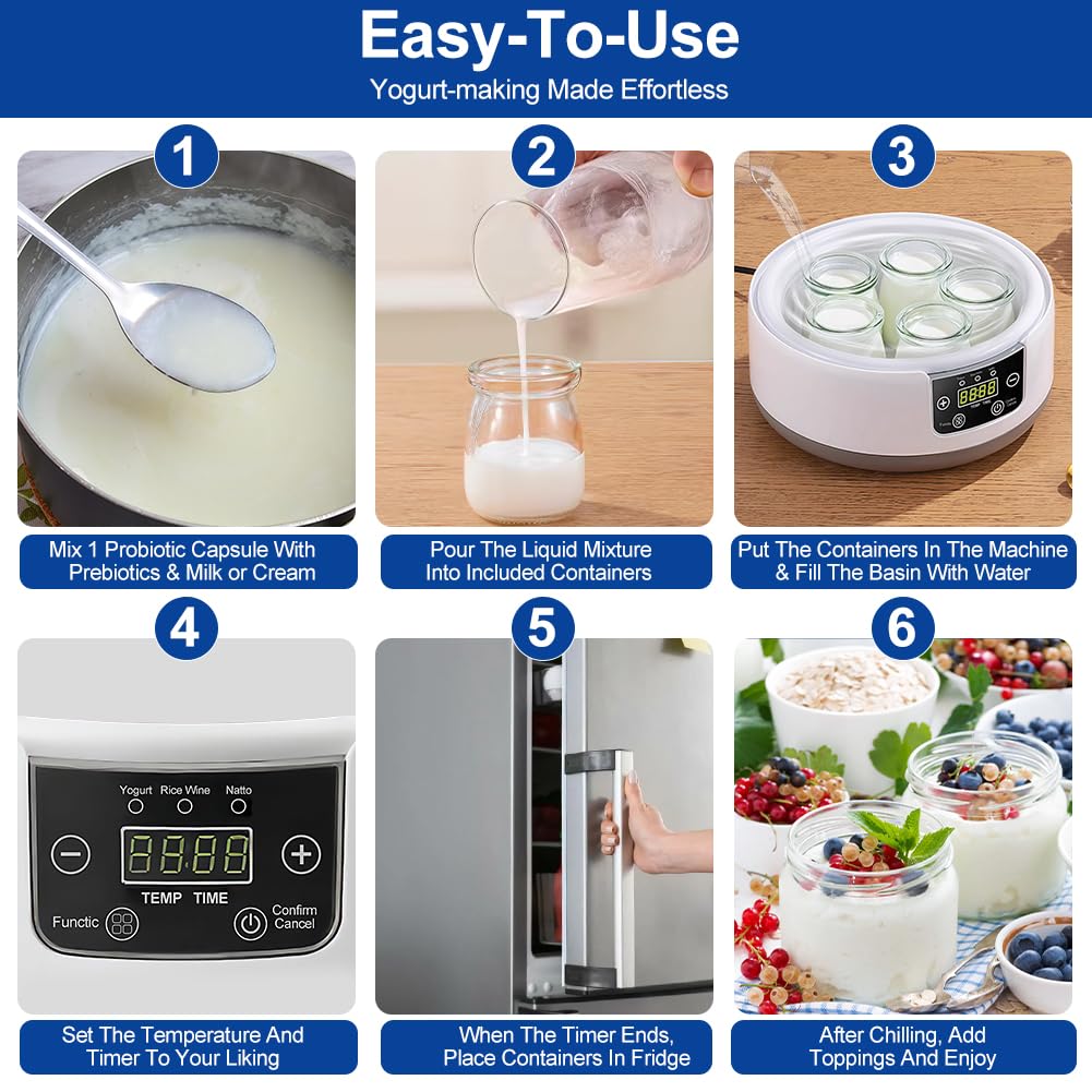 Máquina de iogurte probiótico, máquina de iogurte totalmente automática de 1,2 litro, máquina de iogurte com controle de temperatura e tempo, iogurte para iogurte grego caseiro, vegano