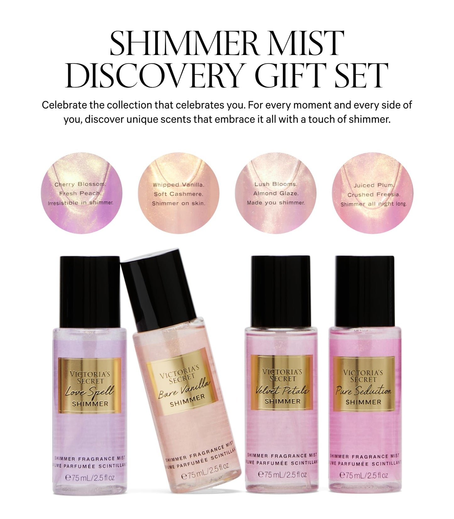 Victoria's Secret Fragrance Mist Collection Conjunto de 4 peças de mini névoa cintilante, aromas sortidos, conjunto de presente para mulheres
