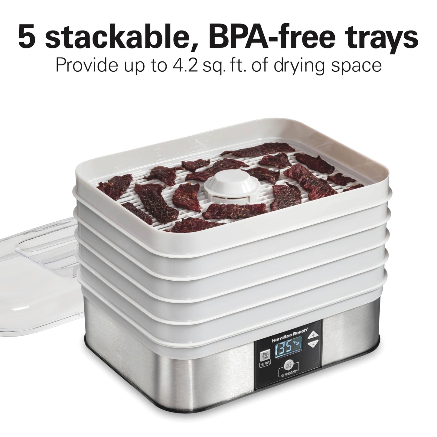 Hamilton Beach Desidratador digital de alimentos para frutas e macarrão, vegetais e mais, 5 bandejas, temperatura ajustável, temporizador de 48 horas + desligamento automático, cinza (32100A)