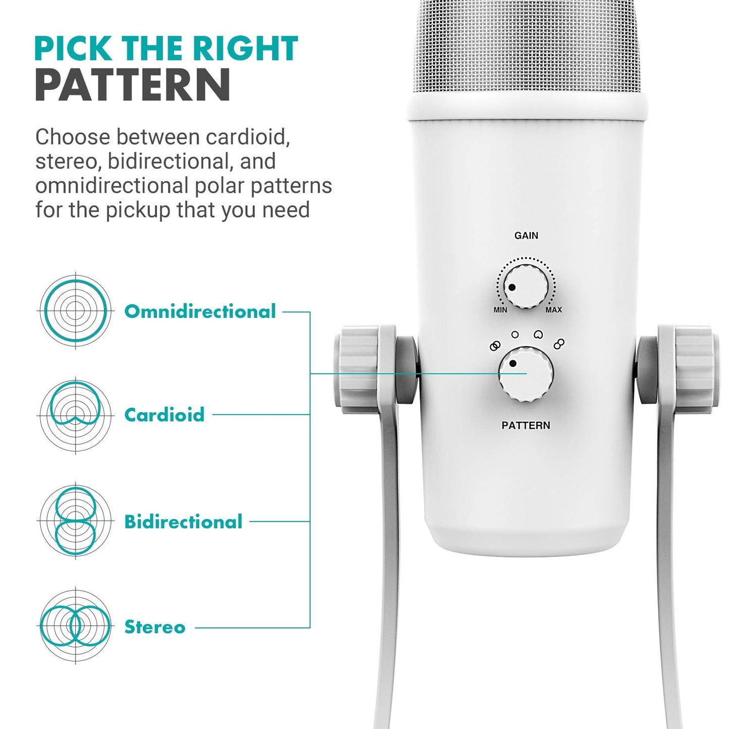 Microfone USB de mesa Movo UM700W branco para computador - Mic de estúdio com 4 padrões de captação - Microfone de jogo USB para PC, Mac e Android - Melhor microfone para gravação de podcast e configuração de streaming