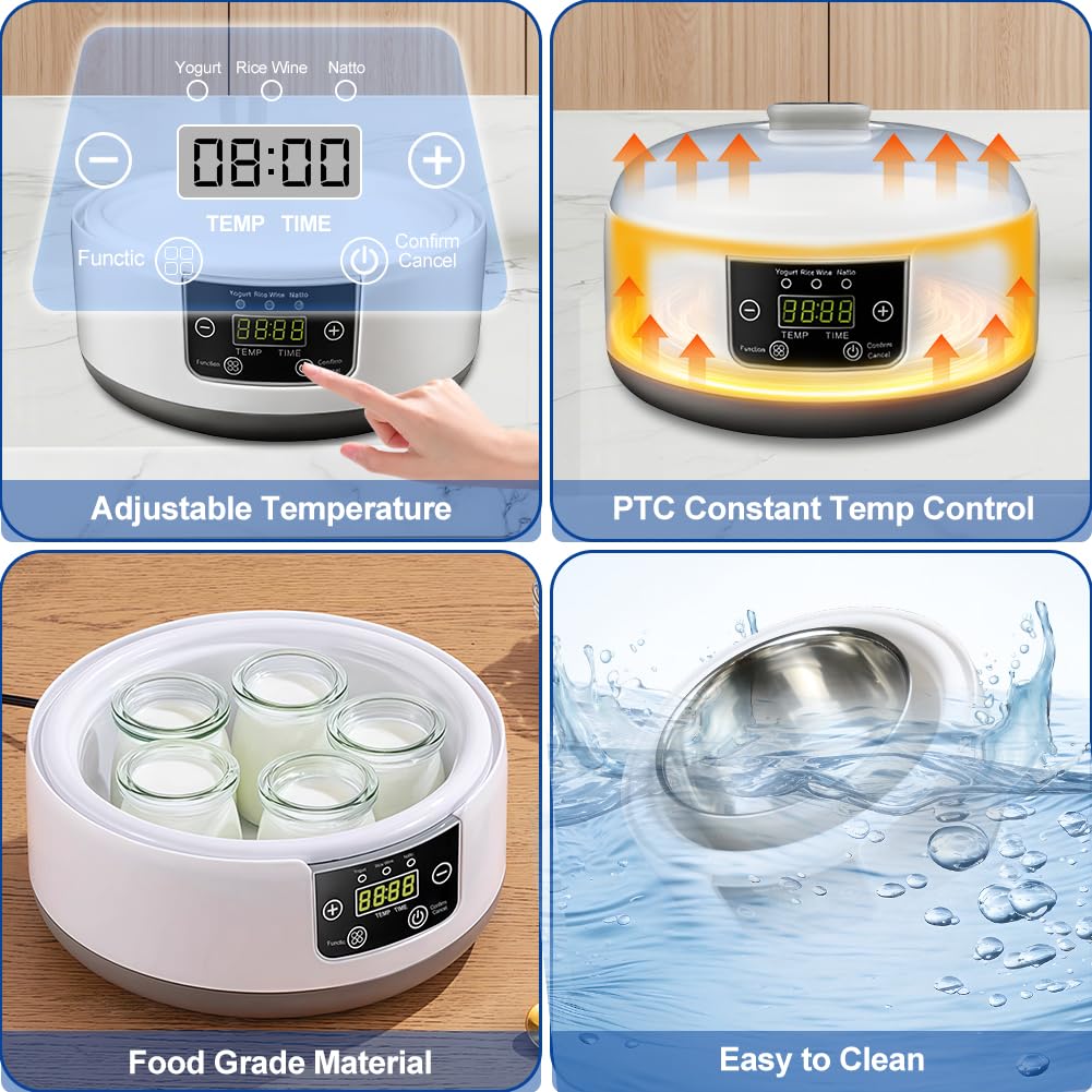 Máquina de iogurte probiótico, máquina de iogurte totalmente automática de 1,2 litro, máquina de iogurte com controle de temperatura e tempo, iogurte para iogurte grego caseiro, vegano