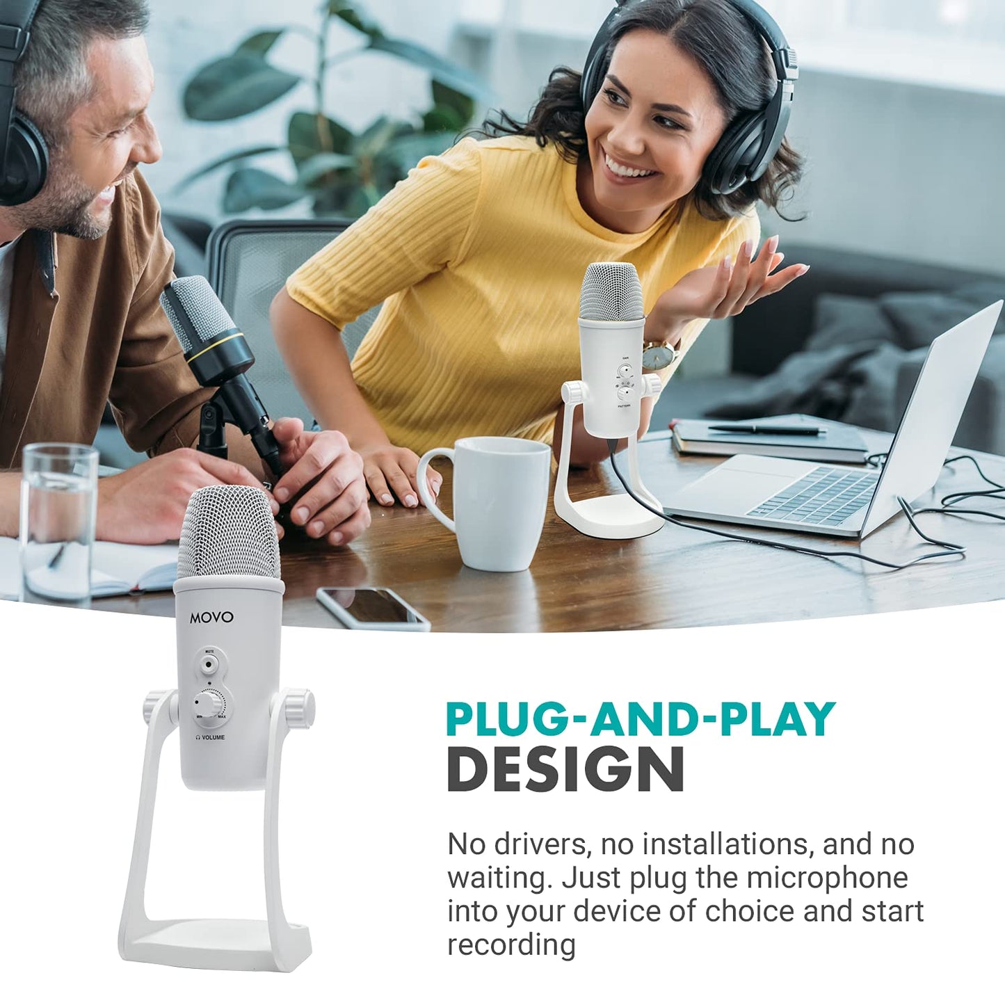 Microfone USB de mesa Movo UM700W branco para computador - Mic de estúdio com 4 padrões de captação - Microfone de jogo USB para PC, Mac e Android - Melhor microfone para gravação de podcast e configuração de streaming