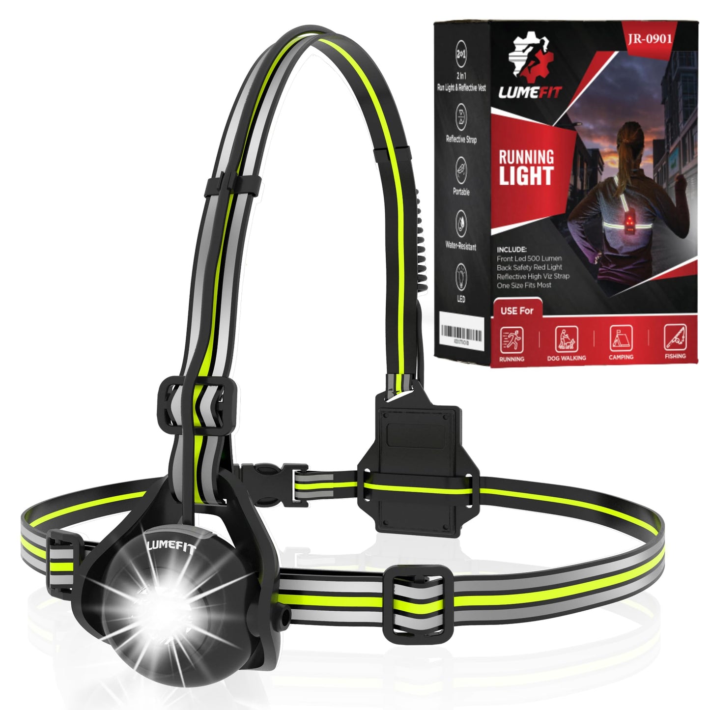 LUMEFIT Run Light, Running Light for Runners Chest LED Lamp - 90° Adjustable Beam Angle, 500 Lumen 360 Degree Reflective Band, USB Rechargeable - Front Body Torch Rear Safety Warning, Jogging Hiking