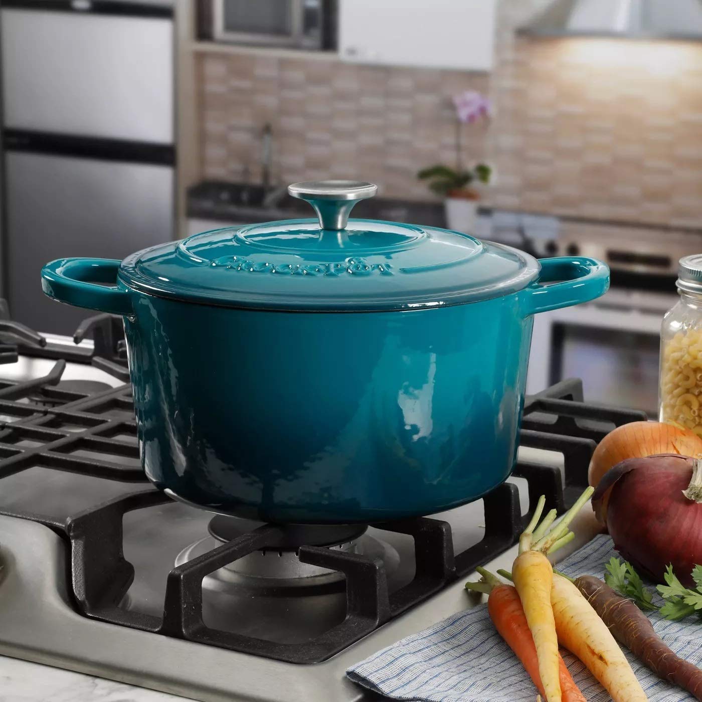 Crock-Pot Artisan Forno holandês redondo esmaltado de ferro fundido, 5 quartos, azul-petróleo ombré