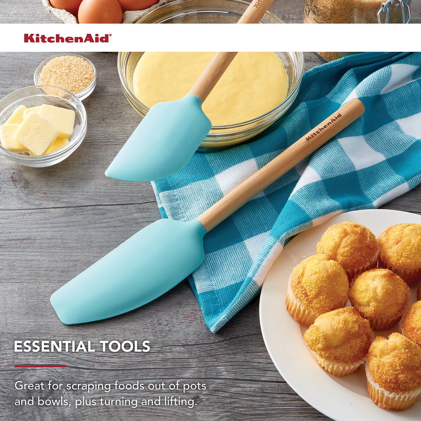 KitchenAid Conjunto de espátulas de bambu, 2 peças, Aqua Sky 2